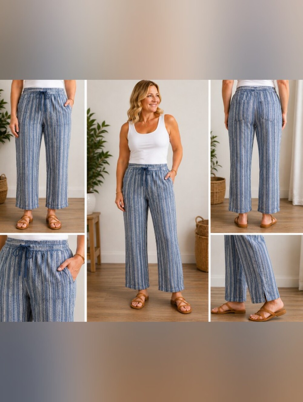 dash linen rayon striped pull on cropped pants xl blue white coastal boho